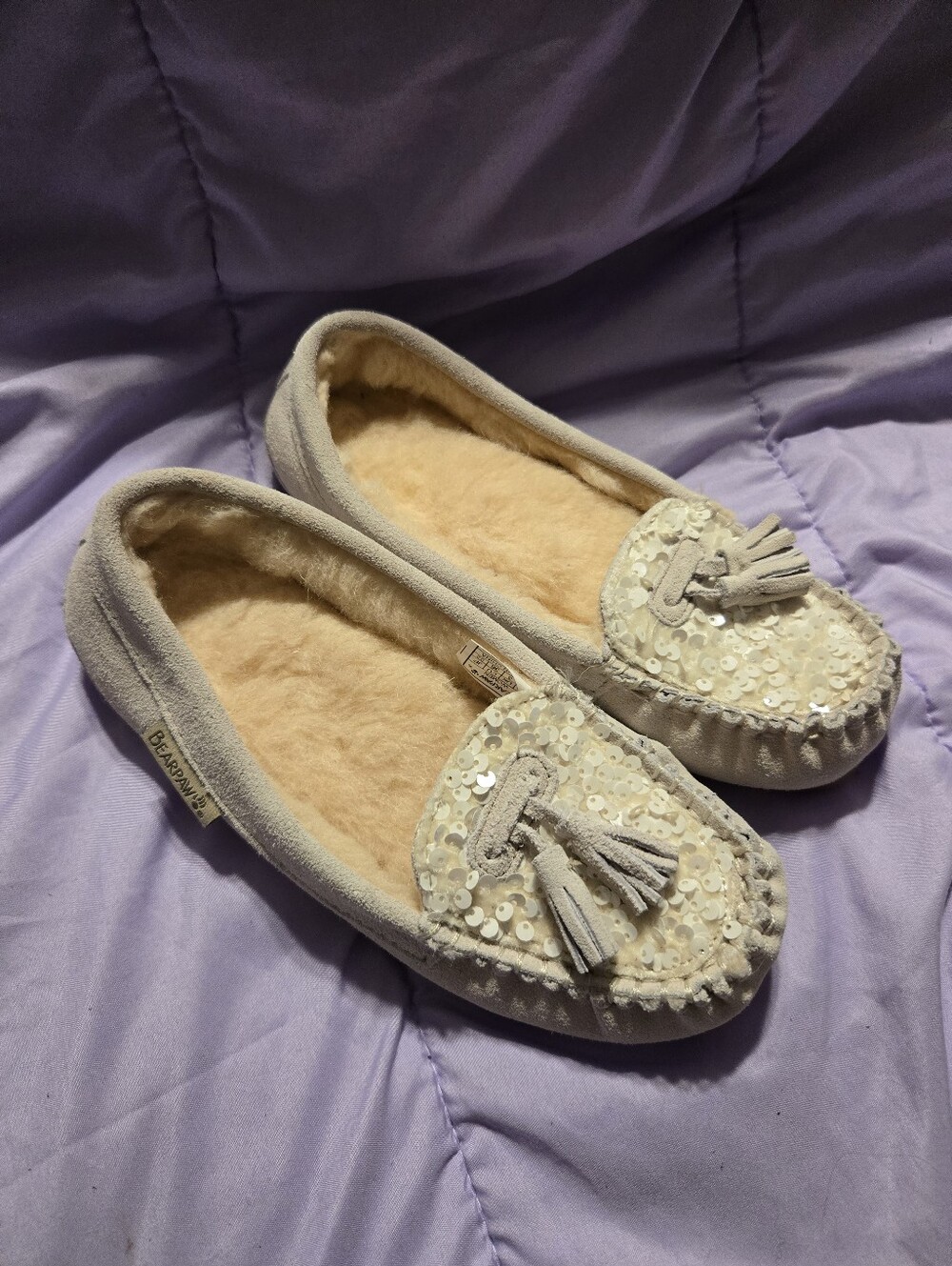 Bearpaw Women's Cream Sequin Tassel Moccasin Slippers